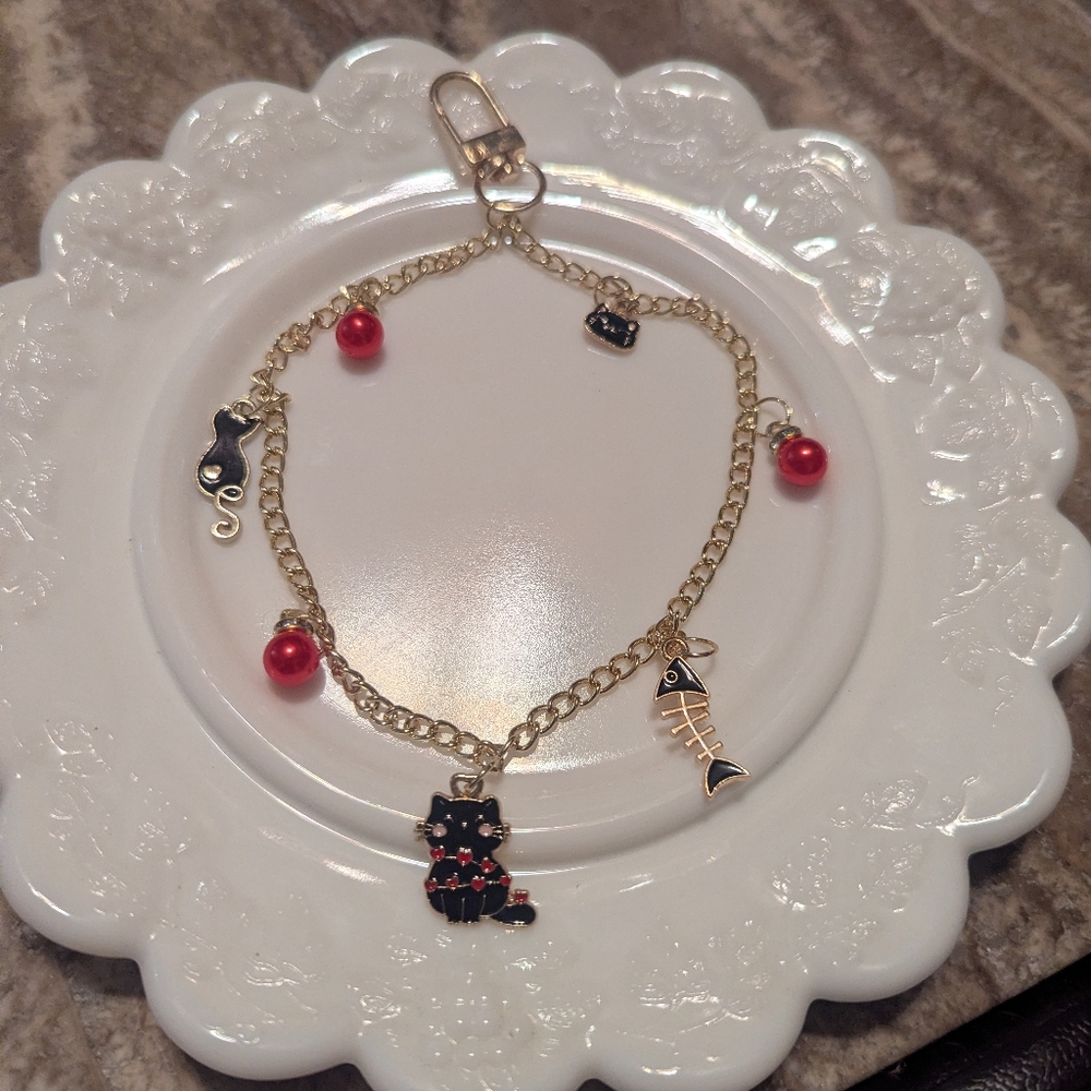 Gold Chain Phone Wristlet with Black Cat Charms Cell Phone Strap
